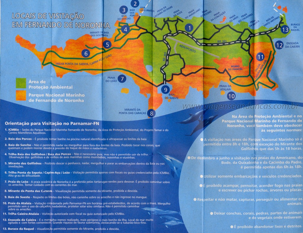 Mapa dos Pontos de Visitação de Fernando de Noronha, PE, Brasil