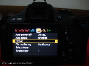 Formatando um chip na Canon T3i (tela 1)