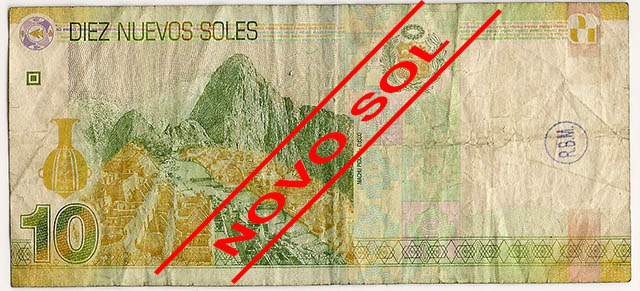 Nuevo Sol, moeda peruana. verso da nota de 10 soles com a imagem de Machu 