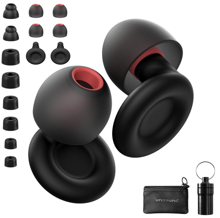 Abafador de ruídos/protetor auricular preto com bolsa de transporte e peças de reposição da marca Funsound