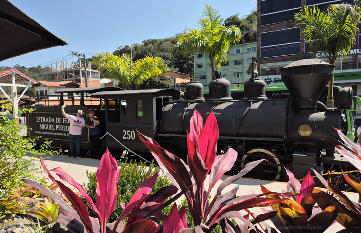 Trem Maria Fumaça parado em frente à Rua Coberta, cercado de plantas, onde é o ponto de partida dele